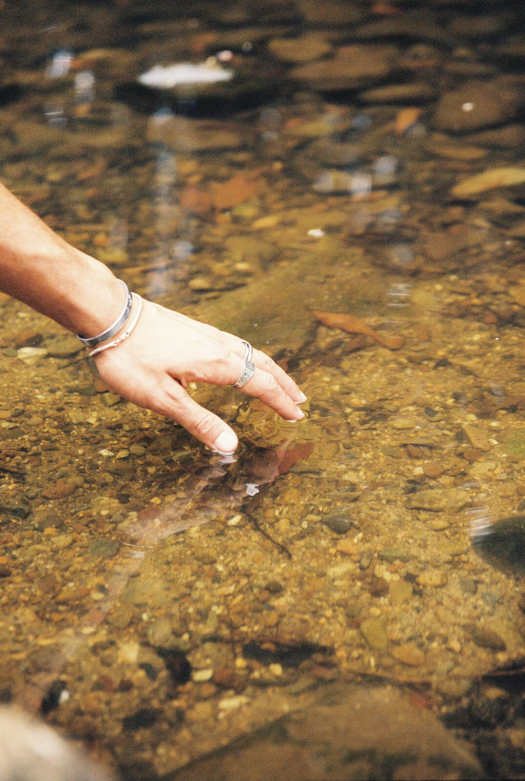 Hand collecting a water sample from a river for testing
