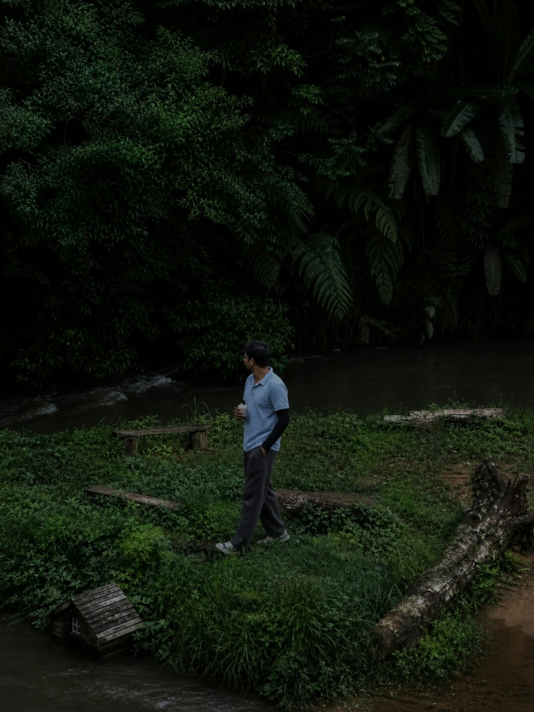 Journalist taking notes near a riverbank